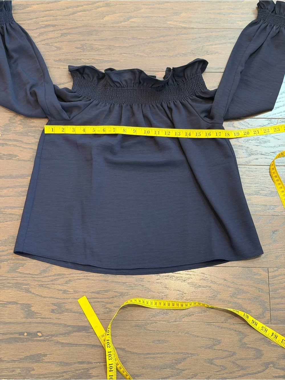 Tuckernuck Marguerite Off the Shoulder Navy Ruffle Blouse Smocked Top Size XS